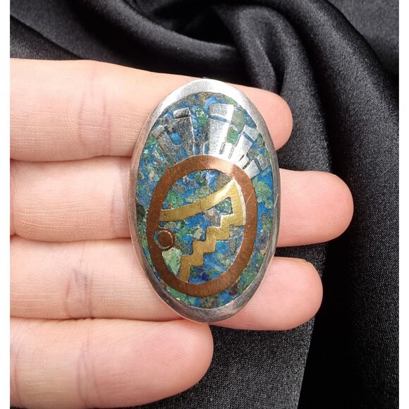 Vintage 925 Sterling Silver Mexican Brooch Pendant With Inlaid Turquoise & Coppe - Picture 4 of 5